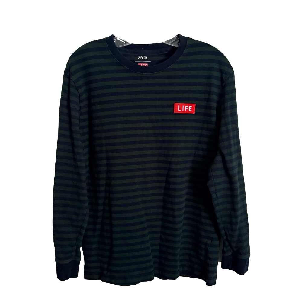 Zara x Life Navy and Green Striped Long Sleeve Crewneck Shirt Unisex Medium